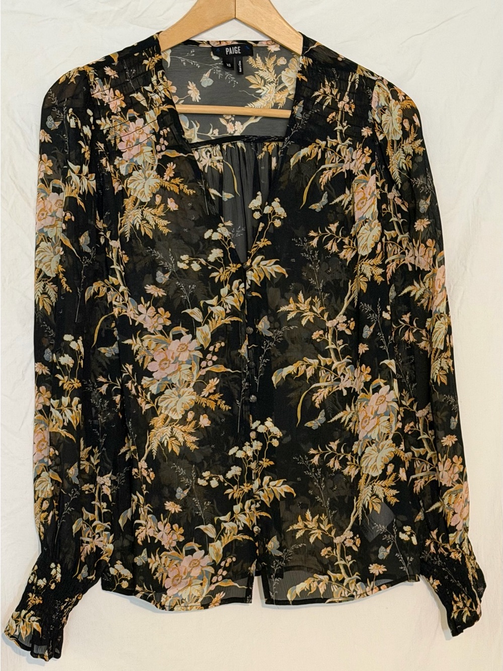 PAIGE Calliope Black Multi Floral Silk Georgette Blouse V-Neck Sheer Top XS